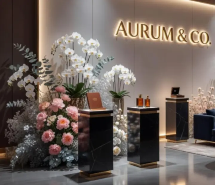 Branded product activation space with styled photo backdrop and ambient lighting