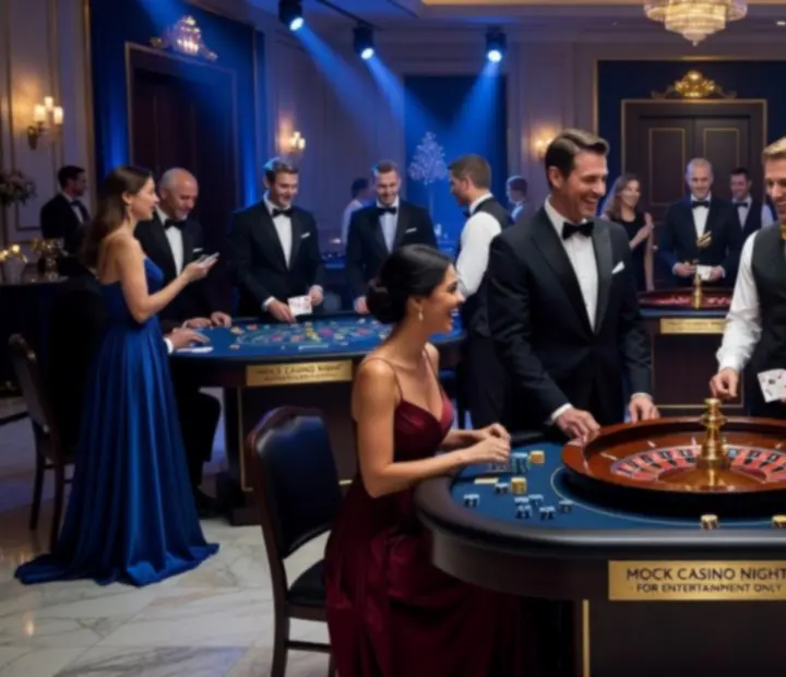 Guests enjoying casino-themed fun-money gaming tables at a corporate event