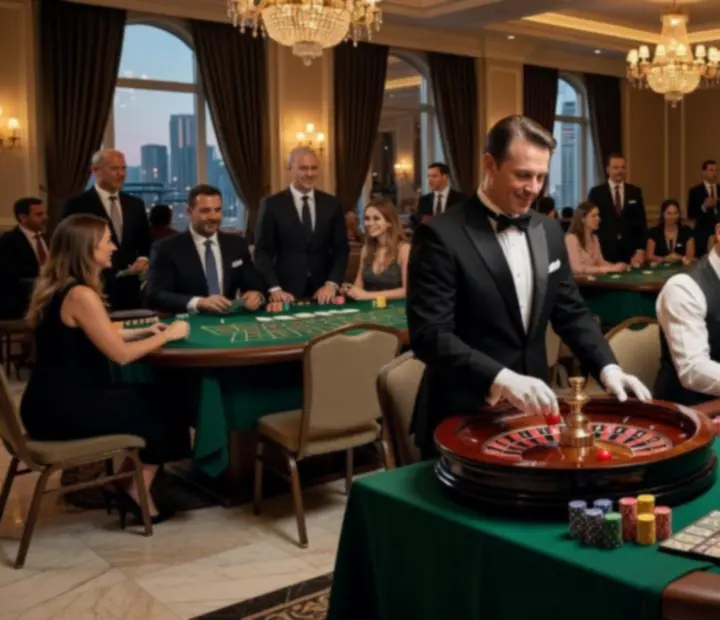 Guests enjoying a refined casino-themed corporate event with professional croupiers