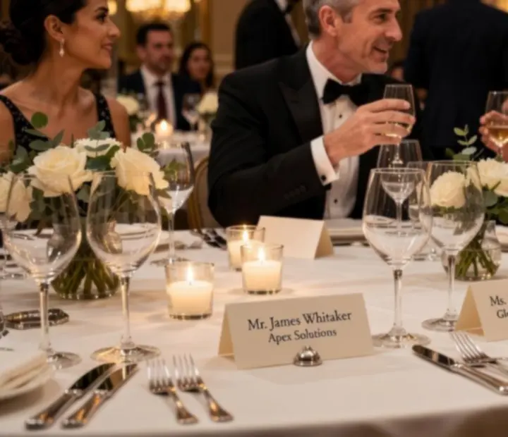 A refined event table setting prepared for corporate client testimonials