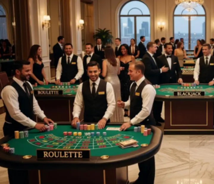 Corporate guests around mock casino tables with professional croupiers and brand accents