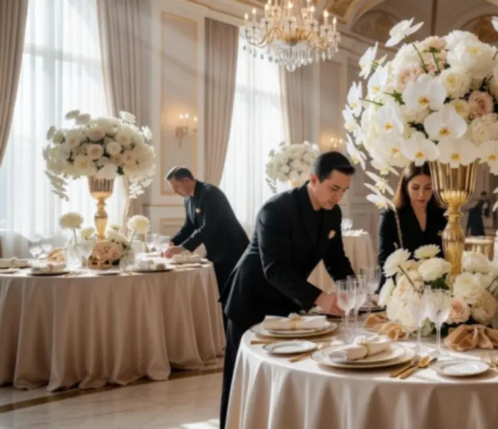 Styling and décor experts refining a champagne-toned gala table