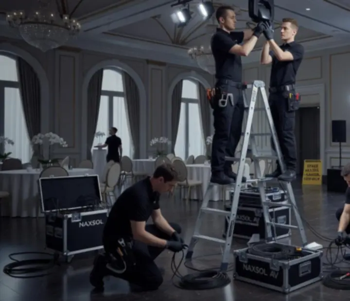 Event crew setting up lighting and stage equipment ahead of a corporate gala
