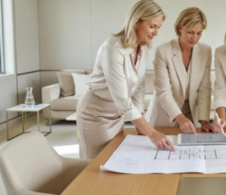 Event planners collaborating over floor plans and lighting layouts