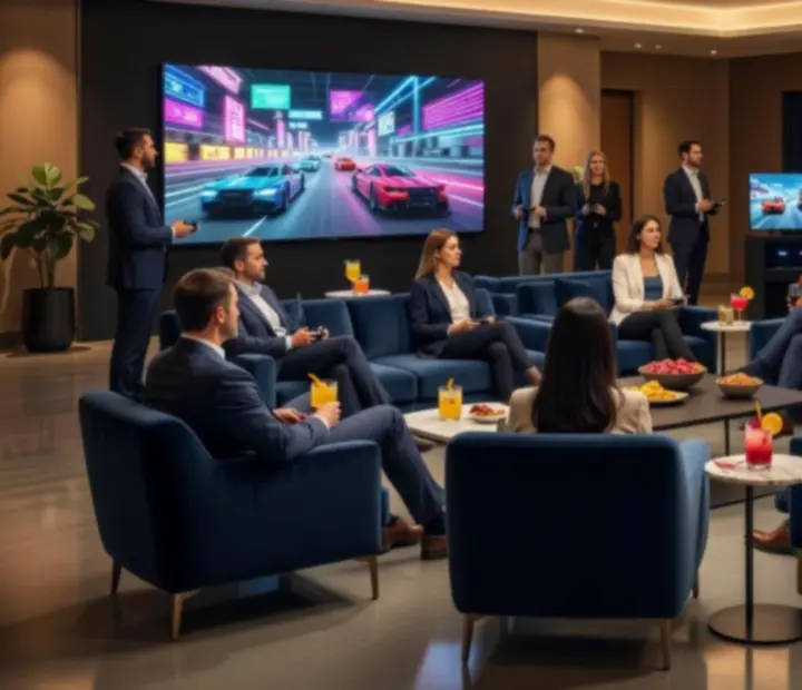 Guests enjoying interactive entertainment zones with lounge seating and activity stations