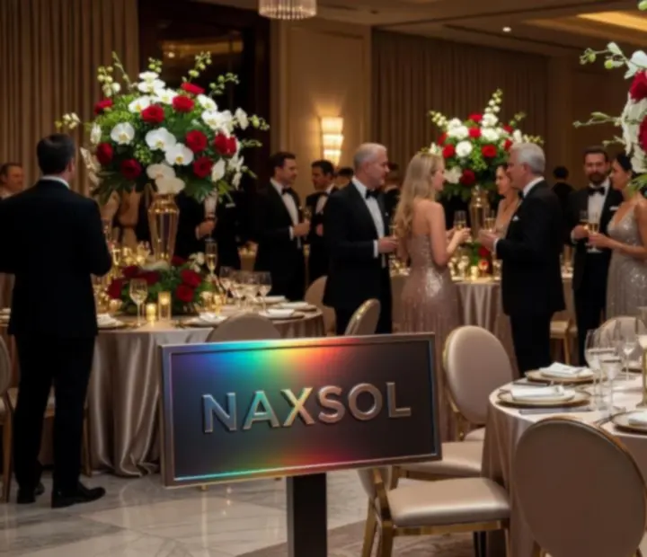 Opulent Australian ballroom gala with ambient lighting and guests in evening attire