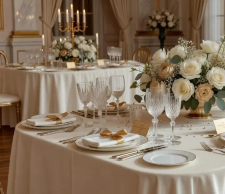 Elegant event table styled in alabaster and champagne tones