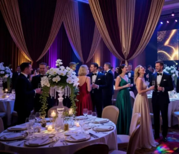 Luxurious event space with dramatic lighting and casino-style entertainment zones