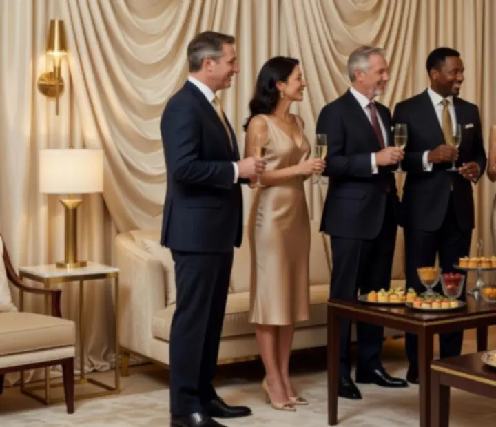Elegant private cocktail reception with mood lighting and guests enjoying drinks