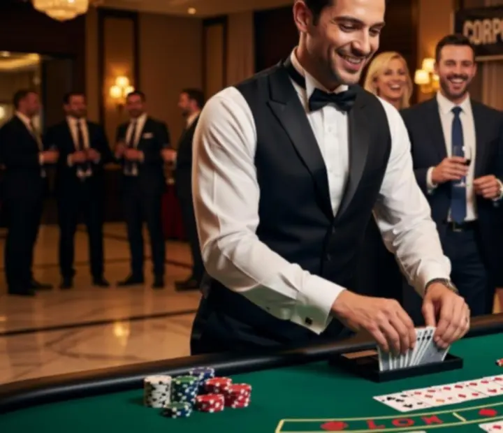 Professional croupier hosting a corporate casino night with guests