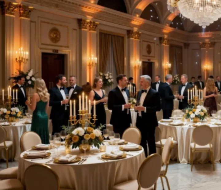 Pearl-lit Sydney ballroom styled for a corporate gala with round tables, stage, and champagne accents