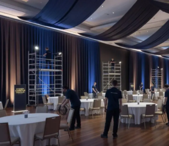 Corporate event venue transformed with elegant lighting and casino-style zones